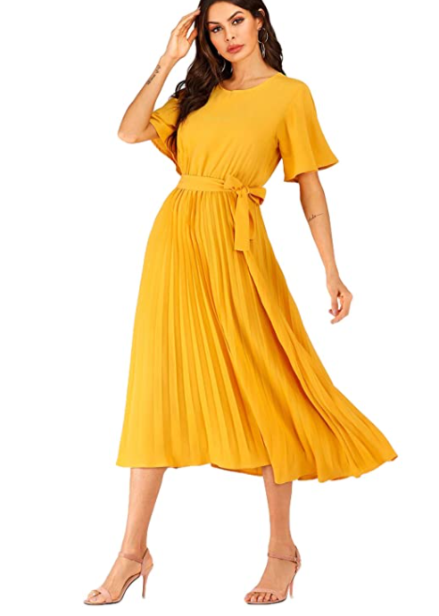 Elegant Belted Pleated Flounce Sleeve Long Dress - Premium from Liam Fashions - Just 28 dh! Shop now at luckythegr