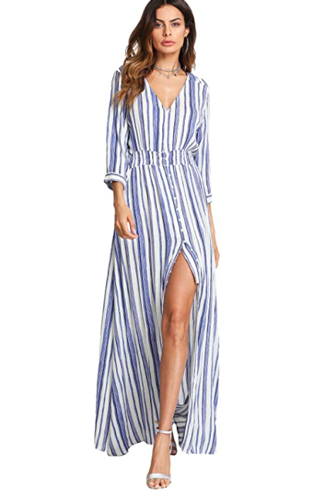 Women's Stripe Button Up V Neck Half Sleeve Split Party Maxi Dress - Premium from Liam Fashions - Just 50 dh! Shop now at luckythegr