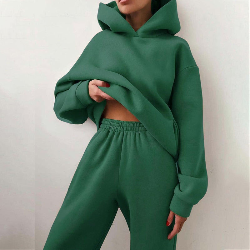 Women's Tracksuit Casual Solid Long Sleeve Hooded Sport Suits Autumn Warm Hoodie Sweatshirts and Long Pant Fleece Two Piece Sets - Premium from luckythegr - Just 16 dh! Shop now at luckythegr