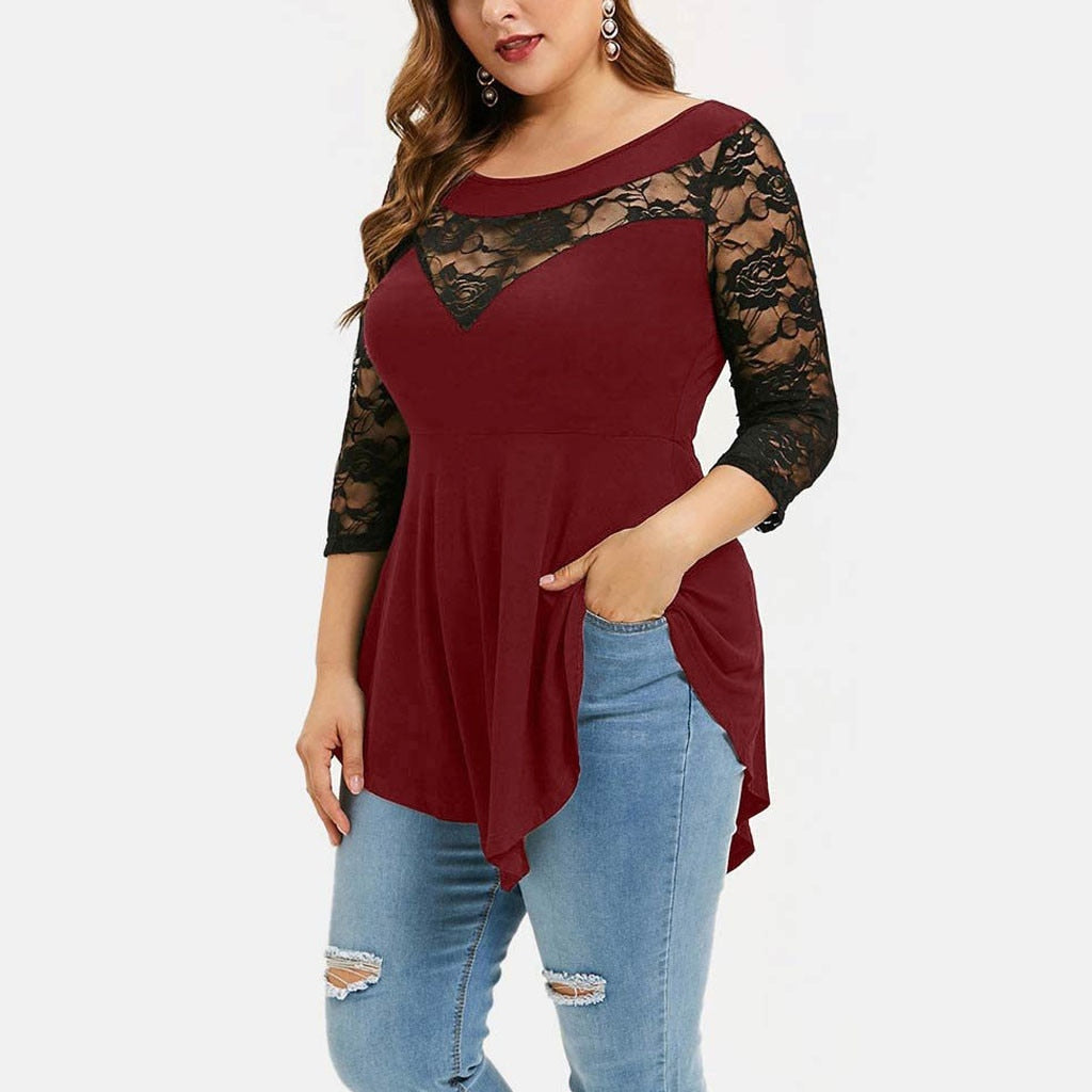 Plus Size Floral Lace Hollow Out Sexy Tunic Blouse Shirt Women Spring Autumn Big Size Tops Ruffles Irregular Blusas - Premium from luckythegr - Just 17 dh! Shop now at luckythegr