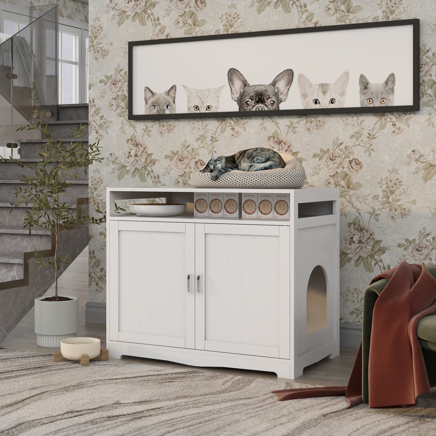 Litter Box Enclosure, Cat Litter Box Furniture with Hidden Plug, 2 Doors,Indoor Cat Washroom Storage Bench Side Table Cat House, Large Wooden Enclused Litter Box House, White - Premium  from luckythegr - Just 208.99 dh! Shop now at luckythegr