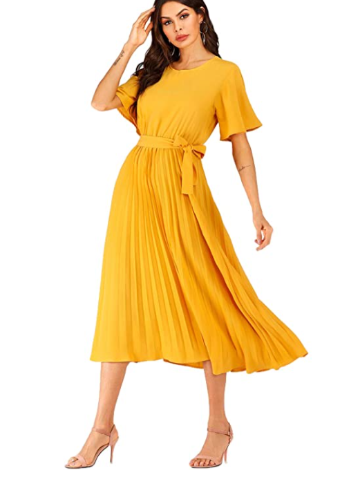 Elegant Belted Pleated Flounce Sleeve Long Dress - Premium  from Liam Fashions - Just 28 dh! Shop now at luckythegr