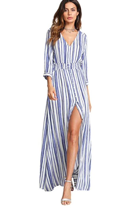 Women's Stripe Button Up V Neck Half Sleeve Split Party Maxi Dress - Premium  from Liam Fashions - Just 50 dh! Shop now at luckythegr