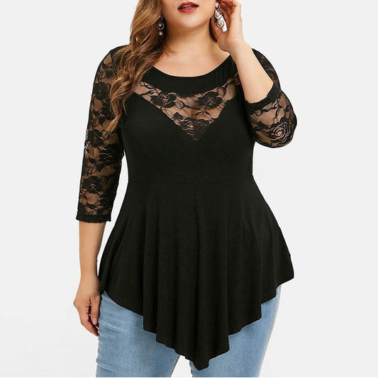 Plus Size Floral Lace Hollow Out Sexy Tunic Blouse Shirt Women Spring Autumn Big Size Tops Ruffles Irregular Blusas - Premium  from luckythegr - Just 17 dh! Shop now at luckythegr