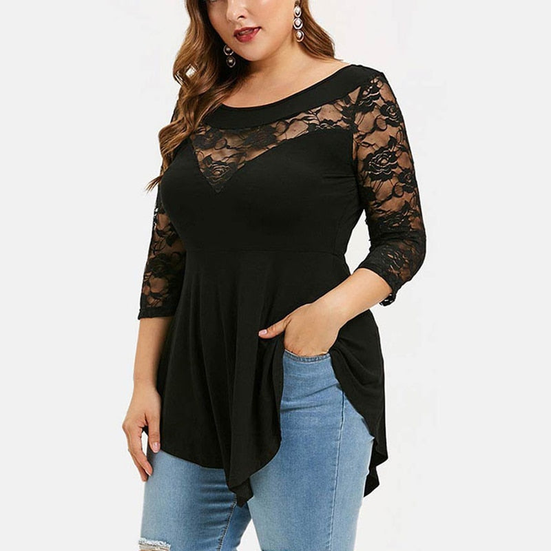 Plus Size Floral Lace Hollow Out Sexy Tunic Blouse Shirt Women Spring Autumn Big Size Tops Ruffles Irregular Blusas - Premium  from luckythegr - Just 17 dh! Shop now at luckythegr