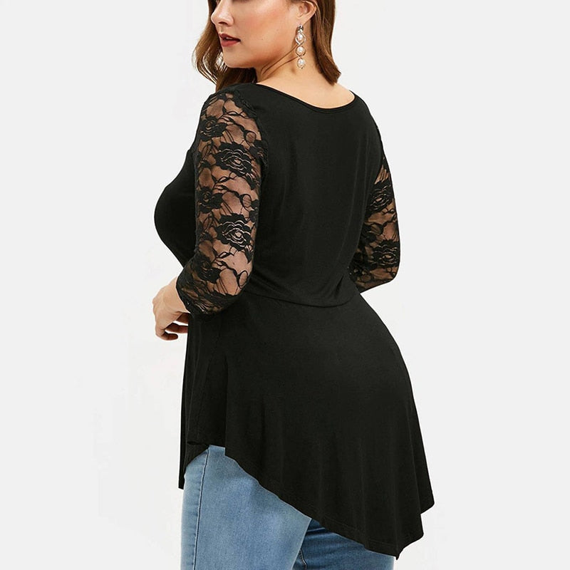 Plus Size Floral Lace Hollow Out Sexy Tunic Blouse Shirt Women Spring Autumn Big Size Tops Ruffles Irregular Blusas - Premium  from luckythegr - Just 17 dh! Shop now at luckythegr