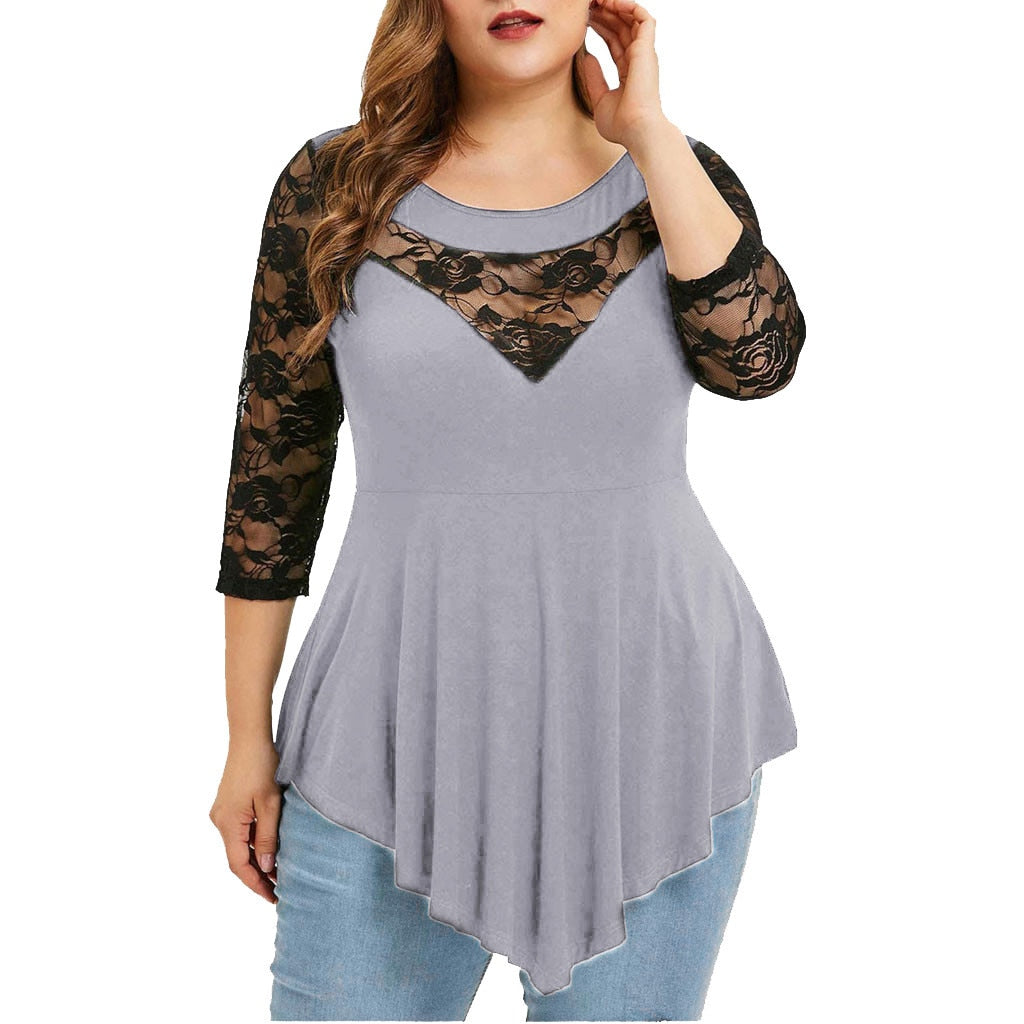 Plus Size Floral Lace Hollow Out Sexy Tunic Blouse Shirt Women Spring Autumn Big Size Tops Ruffles Irregular Blusas - Premium  from luckythegr - Just 17 dh! Shop now at luckythegr