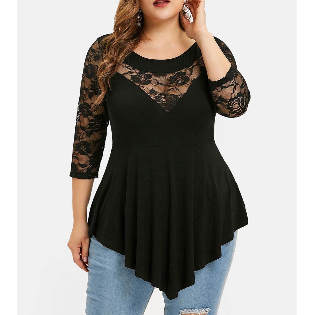 Plus Size Floral Lace Hollow Out Sexy Tunic Blouse Shirt Women Spring Autumn Big Size Tops Ruffles Irregular Blusas - Premium  from luckythegr - Just 17 dh! Shop now at luckythegr