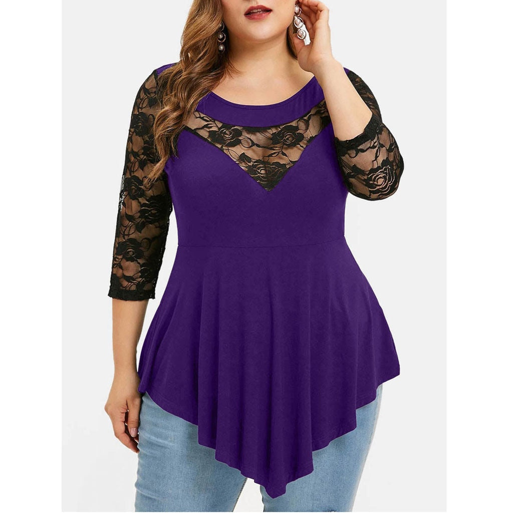 Plus Size Floral Lace Hollow Out Sexy Tunic Blouse Shirt Women Spring Autumn Big Size Tops Ruffles Irregular Blusas - Premium  from luckythegr - Just 17 dh! Shop now at luckythegr