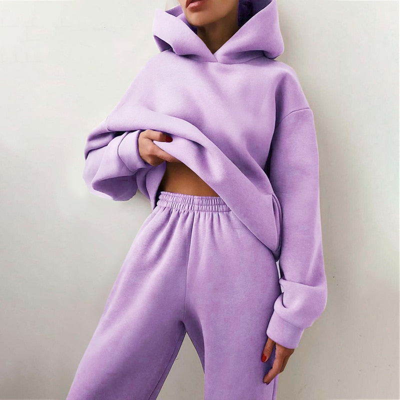 Women's Tracksuit Casual Solid Long Sleeve Hooded Sport Suits Autumn Warm Hoodie Sweatshirts and Long Pant Fleece Two Piece Sets - Premium  from luckythegr - Just 16 dh! Shop now at luckythegr