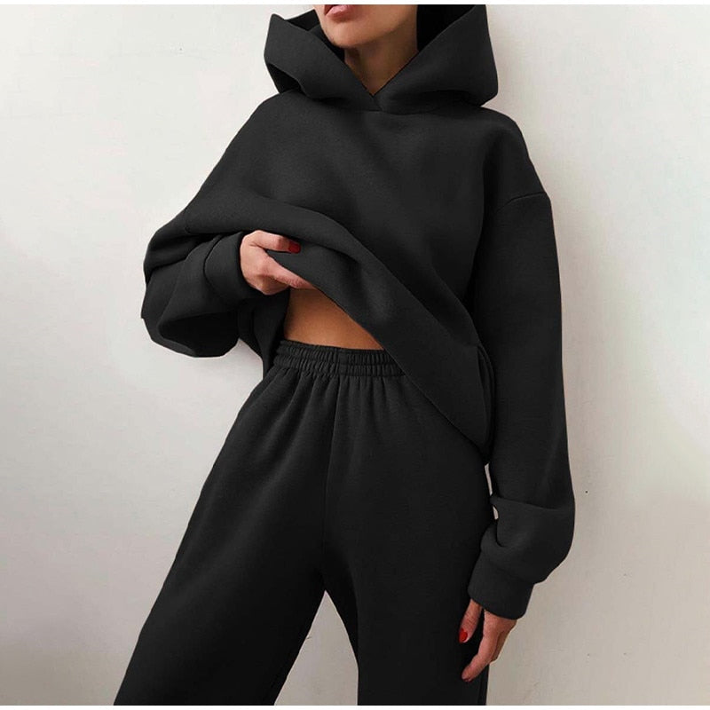 Women's Tracksuit Casual Solid Long Sleeve Hooded Sport Suits Autumn Warm Hoodie Sweatshirts and Long Pant Fleece Two Piece Sets - Premium  from luckythegr - Just 16 dh! Shop now at luckythegr