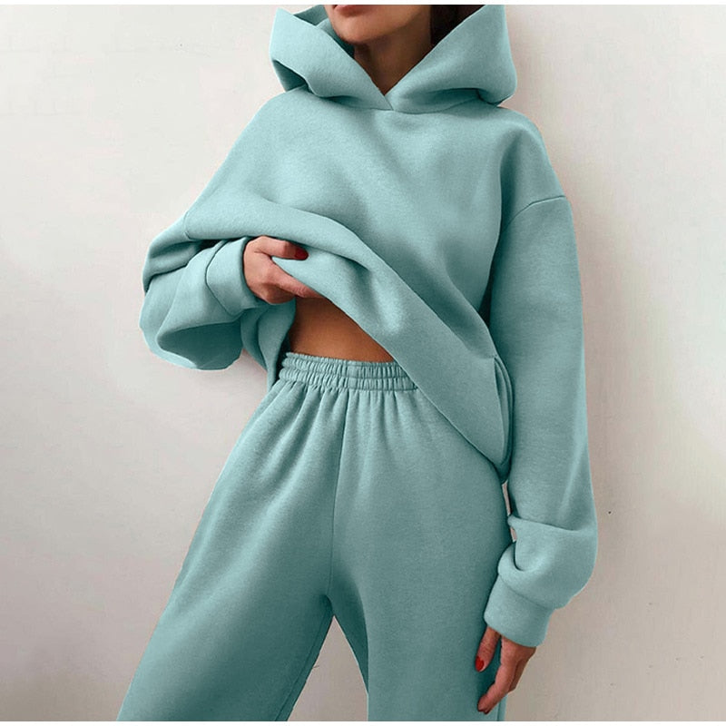 Women's Tracksuit Casual Solid Long Sleeve Hooded Sport Suits Autumn Warm Hoodie Sweatshirts and Long Pant Fleece Two Piece Sets - Premium  from luckythegr - Just 16 dh! Shop now at luckythegr