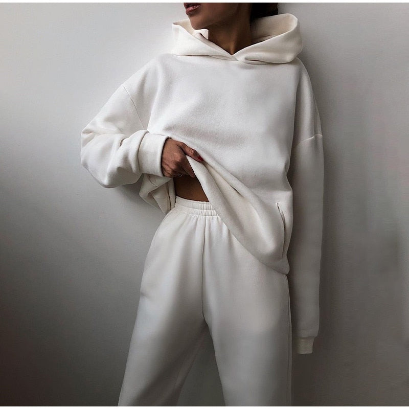 Women's Tracksuit Casual Solid Long Sleeve Hooded Sport Suits Autumn Warm Hoodie Sweatshirts and Long Pant Fleece Two Piece Sets - Premium  from luckythegr - Just 16 dh! Shop now at luckythegr