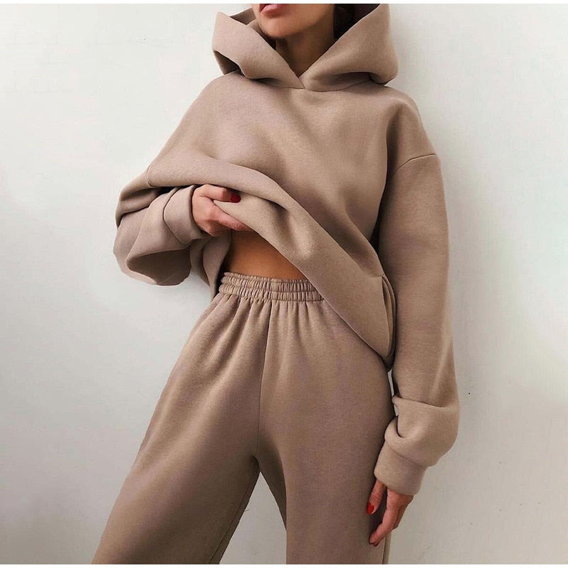 Women's Tracksuit Casual Solid Long Sleeve Hooded Sport Suits Autumn Warm Hoodie Sweatshirts and Long Pant Fleece Two Piece Sets - Premium  from luckythegr - Just 16 dh! Shop now at luckythegr