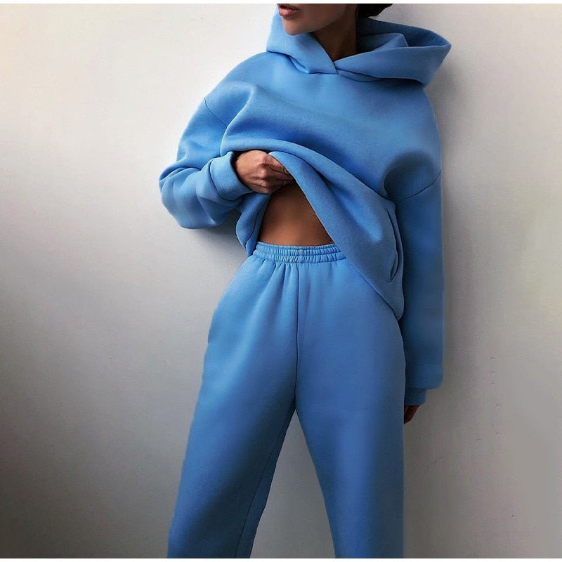 Women's Tracksuit Casual Solid Long Sleeve Hooded Sport Suits Autumn Warm Hoodie Sweatshirts and Long Pant Fleece Two Piece Sets - Premium  from luckythegr - Just 16 dh! Shop now at luckythegr