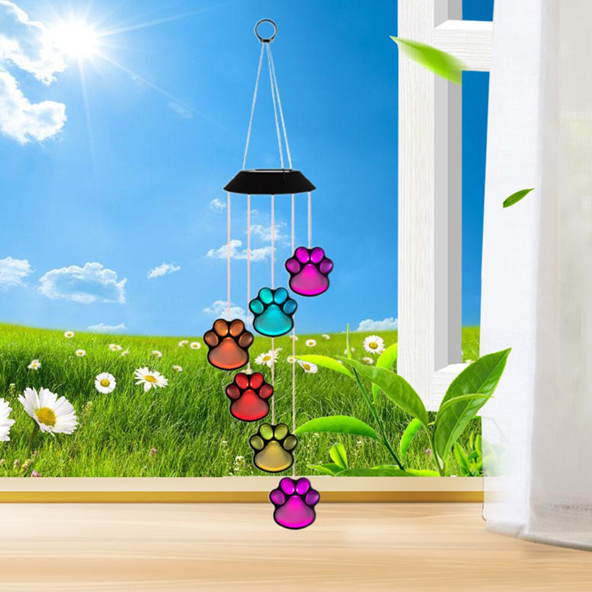 Solar LED Wind Chime Lamp Paw Print Solar Wind Chime